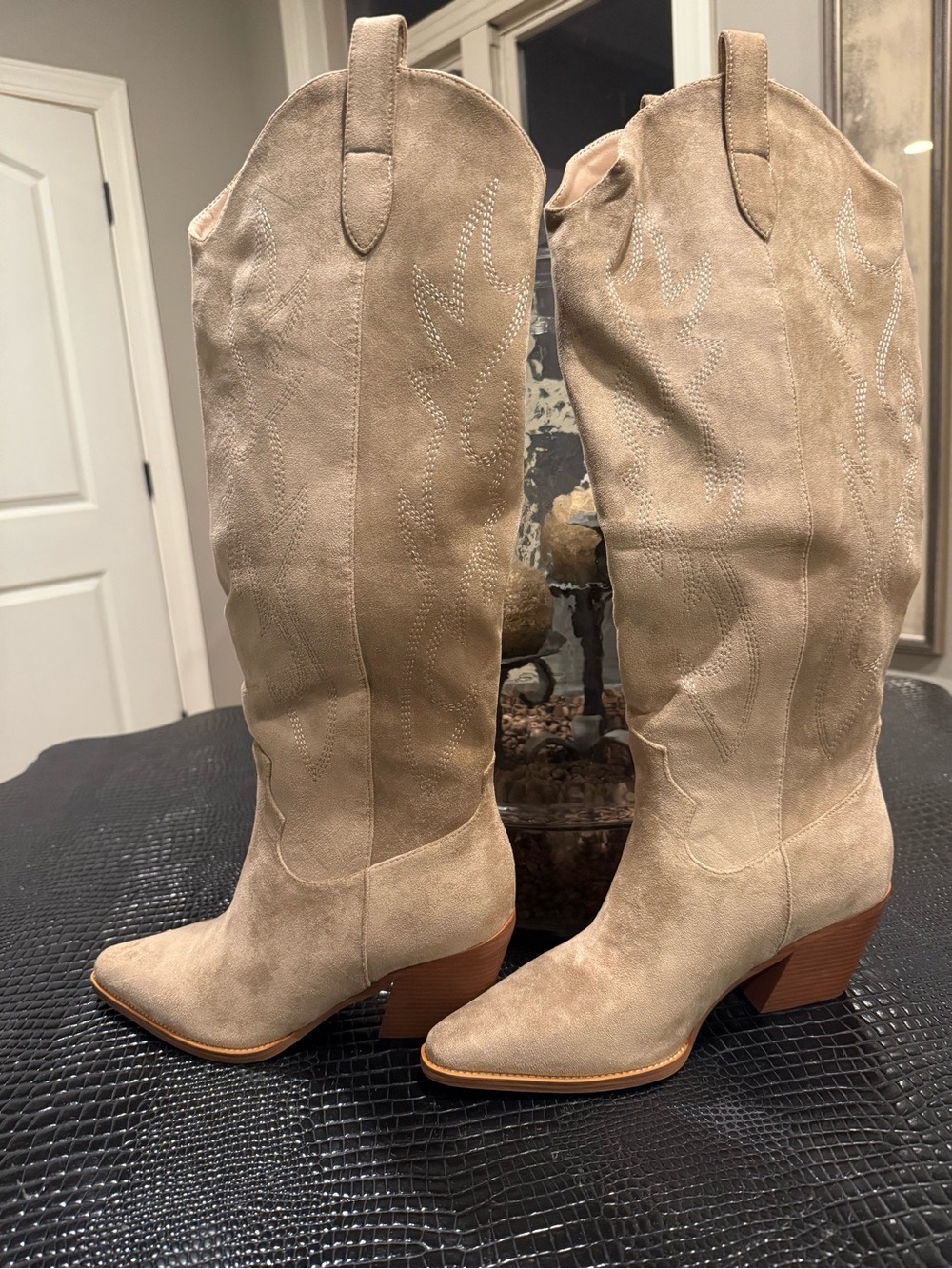 Knee Suede Western Boots in Beige